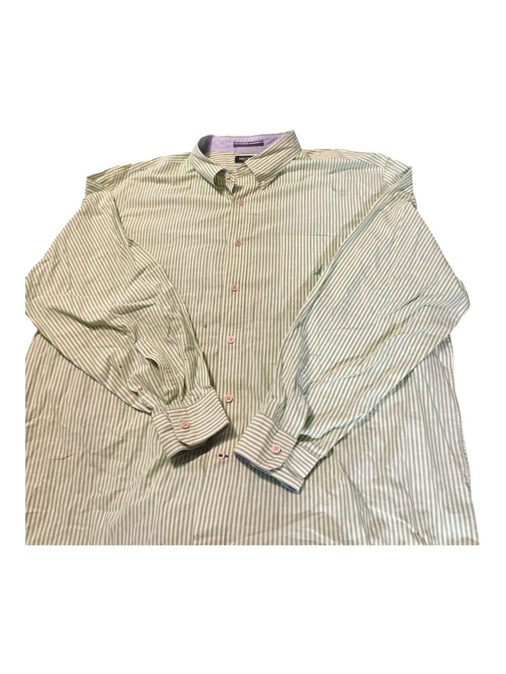 Nautica Men’s Green and White Stripe Button-Down Shirt